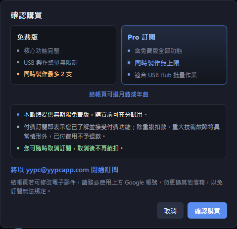 YY-MultiUSB purchase dialog explaining the free version, Pro subscription, and simultaneous creation limit